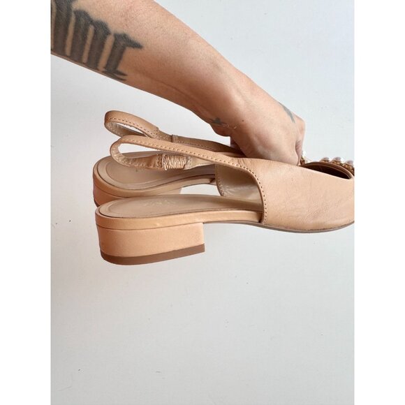 ZARA Tan Beige Leather Pearl Trim Pointed Toe Slingback Ballet Flats, Size 37 - Picture 4 of 14